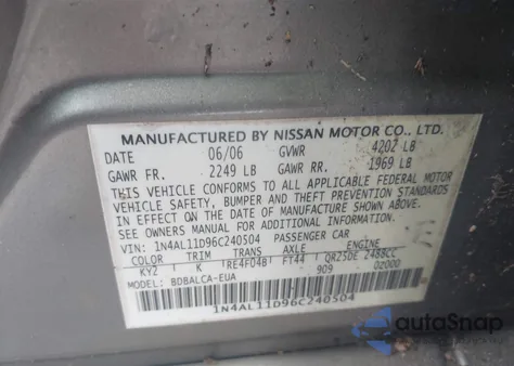 2006 Nissan Altima 2.5 S from USA, damaged, VIN 1N4AL11D96C240504